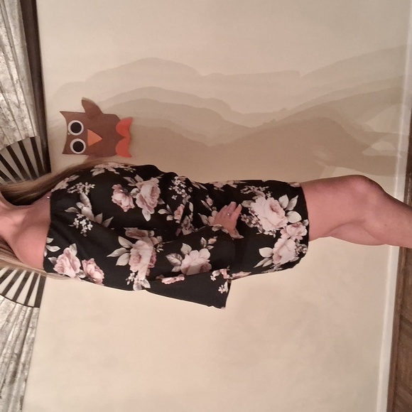 Silky,Sexy,Black with Pink Roses,Off Shoulder,Mini Dress with Long Bell Sleeves - Picture 4 of 11